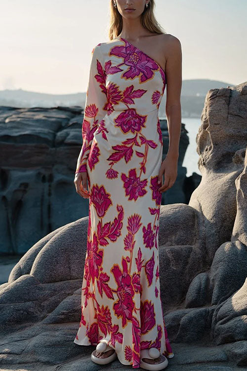 One Shoulder Long Sleeve Floral Print Maxi Dress