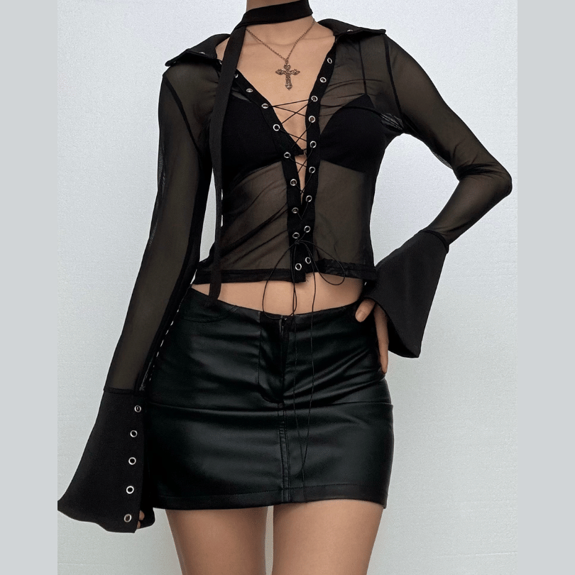 Turnover collar long sleeve mesh self tie top