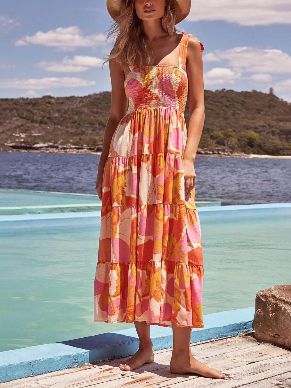 Smocked Square Neck Wide Strap Tiered Floral Maxi Dress