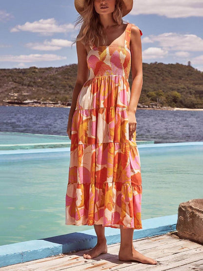 Smocked Square Neck Wide Strap Tiered Floral Maxi Dress