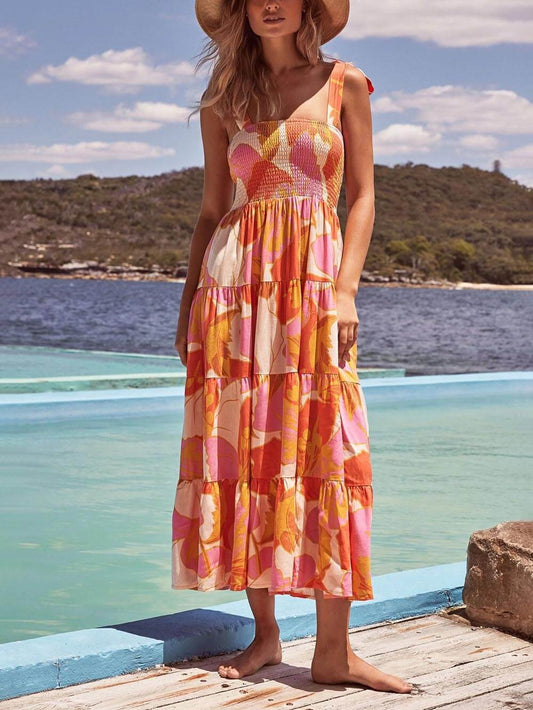 Smocked Square Neck Wide Strap Tiered Floral Maxi Dress