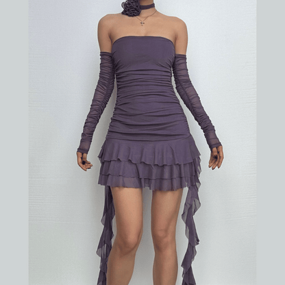 Long sleeve sheer mesh flower applique mini dress