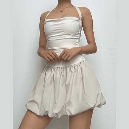Halter ruched knotted solid mini dress
