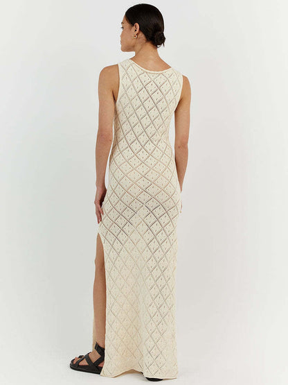 Hollow Out Mesh Beach Vacation Knitted Slit Dress