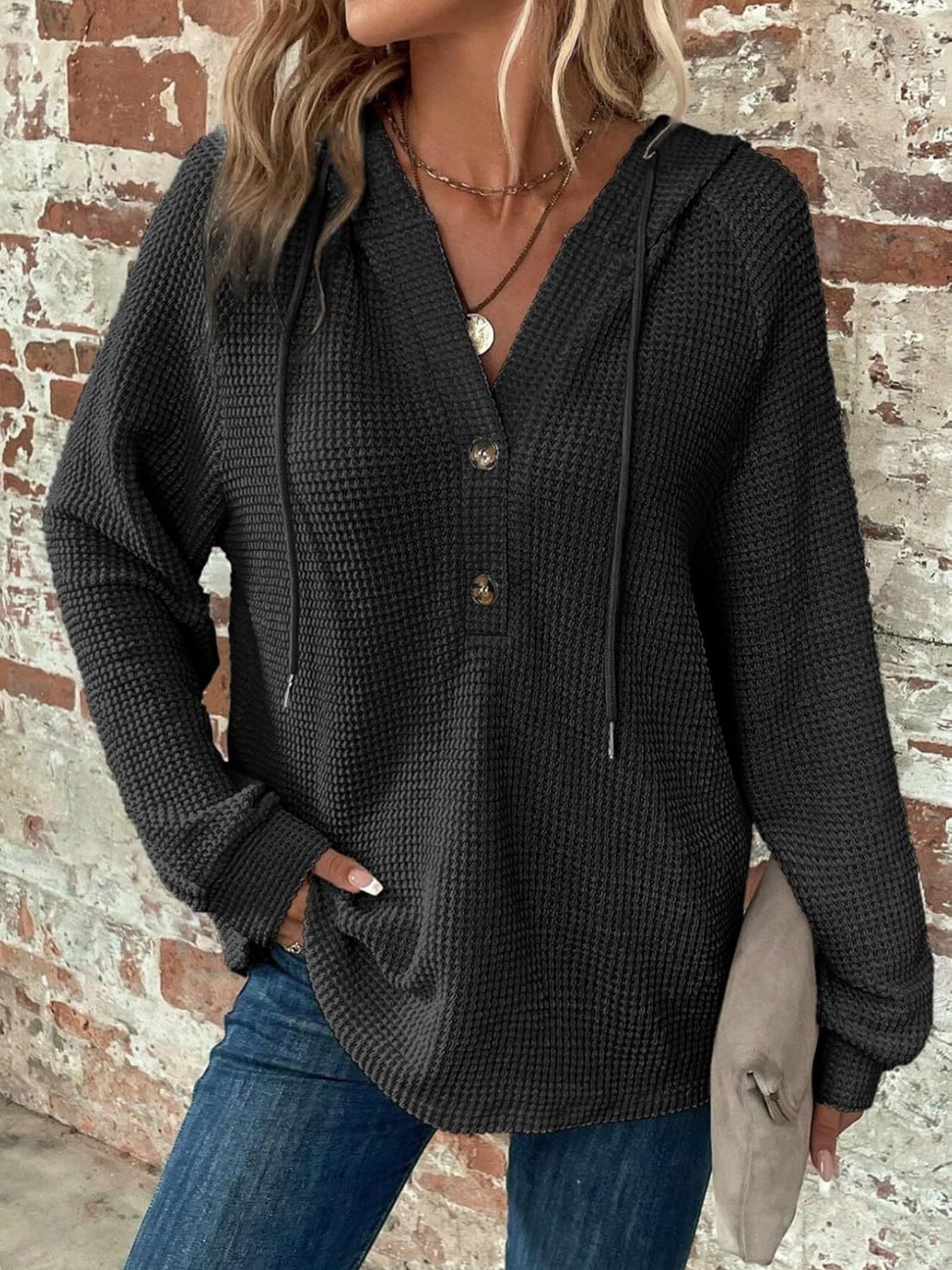 Waffle Drawstring Buttons V-neck Long Sleeve Hoodie