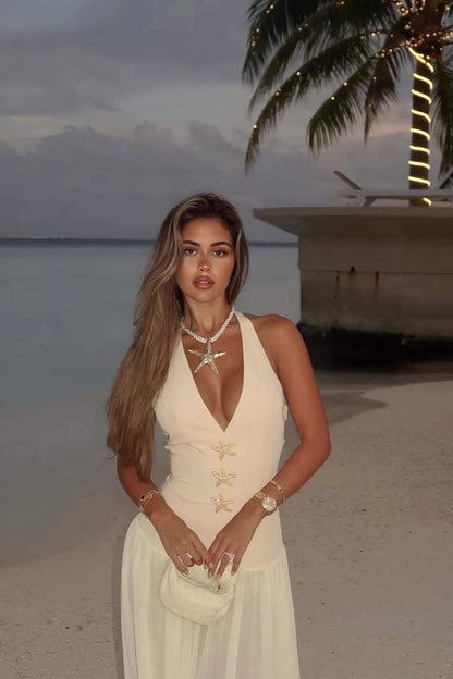 Tie Neck Deep V Bodycon Maxi Dress