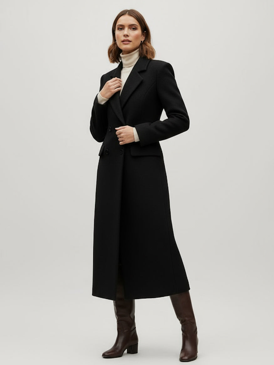 Woolen Double-Breasted Long Coat With Notch Lapel And Flap Pockets For Women 2026
