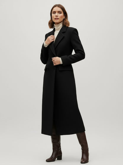 Woolen Double-Breasted Long Coat With Notch Lapel And Flap Pockets For Women 2026