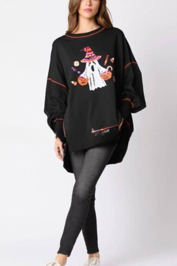Halloween Ghost Sequined Sweatshirt Embroidered Casual Top