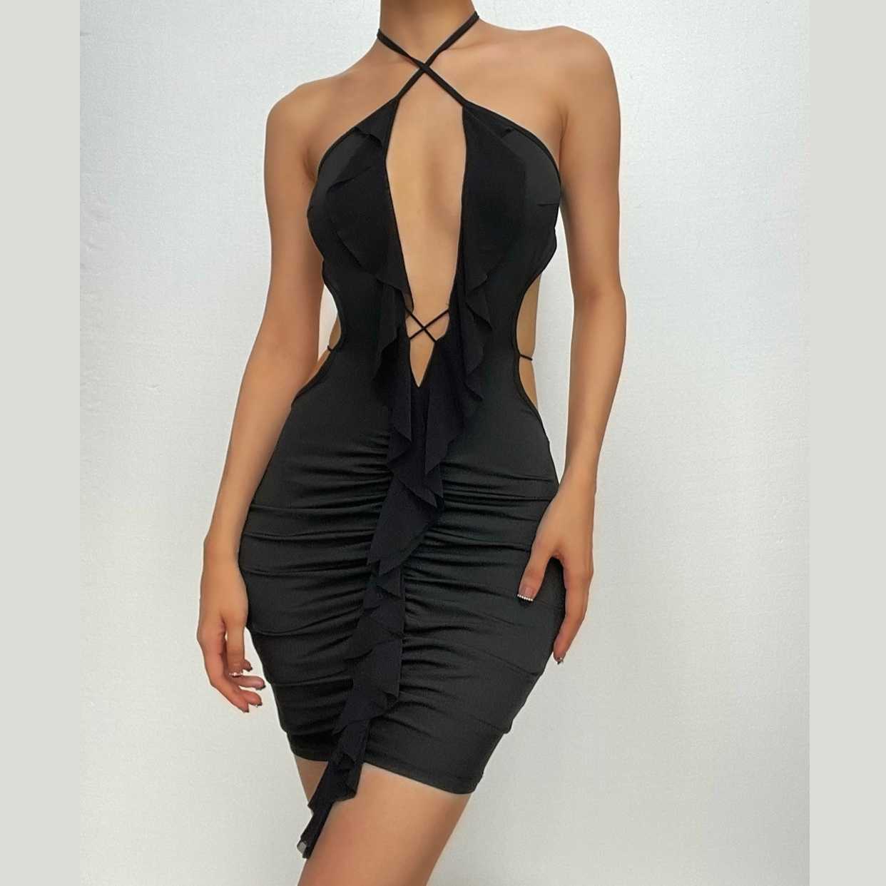 Halter Cross-Front Plunging Ruffle Trim Side Cutout Ruched Mini Dress