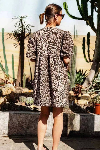 Print Bow Tie Keyhole Puff Sleeve Babydoll Shirt Mini Dress