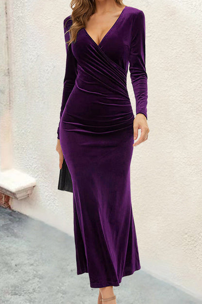 Velvet V-neck pleated hip skirt elegant fishtail slim dress evening dress