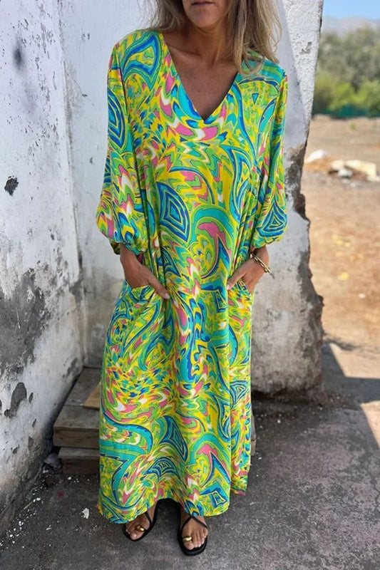 Printed V-neck Pullover Long-sleeved Loose Dress
