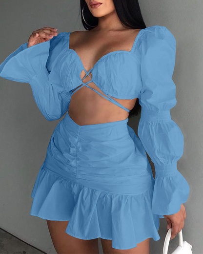 Balloon Sleeve Pleated Skirt Set