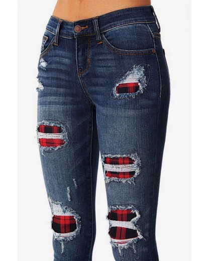 Leopard Print Ripped Patch Stretch Jeans