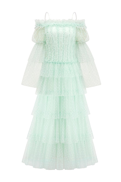 Landon Green Mesh Tiered Dress