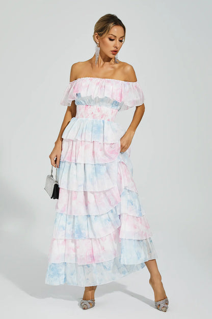 Paola Blue Pink Colored Ruched Dress