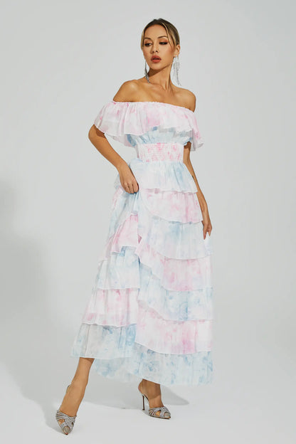 Paola Blue Pink Colored Ruched Dress