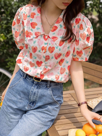 Camila Retro Polo Neck Puff Sleeve Floral Top