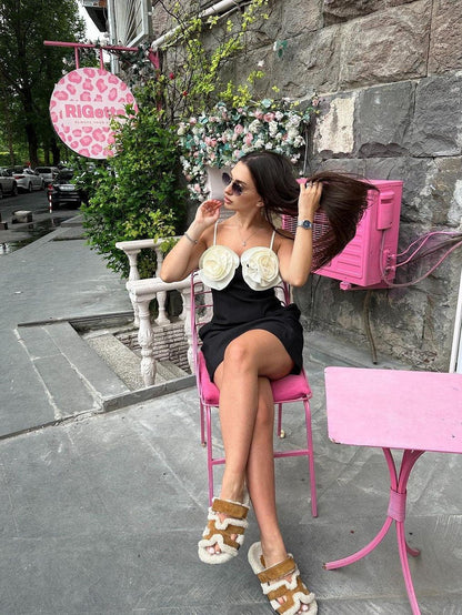 Black Applique Flower Short Dress