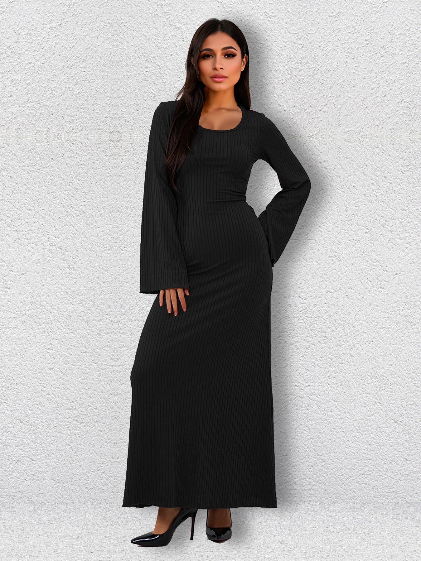 Scoop Neck Vertical Rib Knit Flared Bell Sleeve Column Maxi Dress