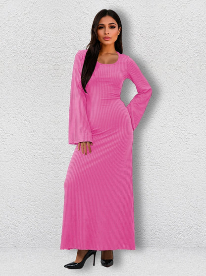 Scoop Neck Vertical Rib Knit Flared Bell Sleeve Column Maxi Dress