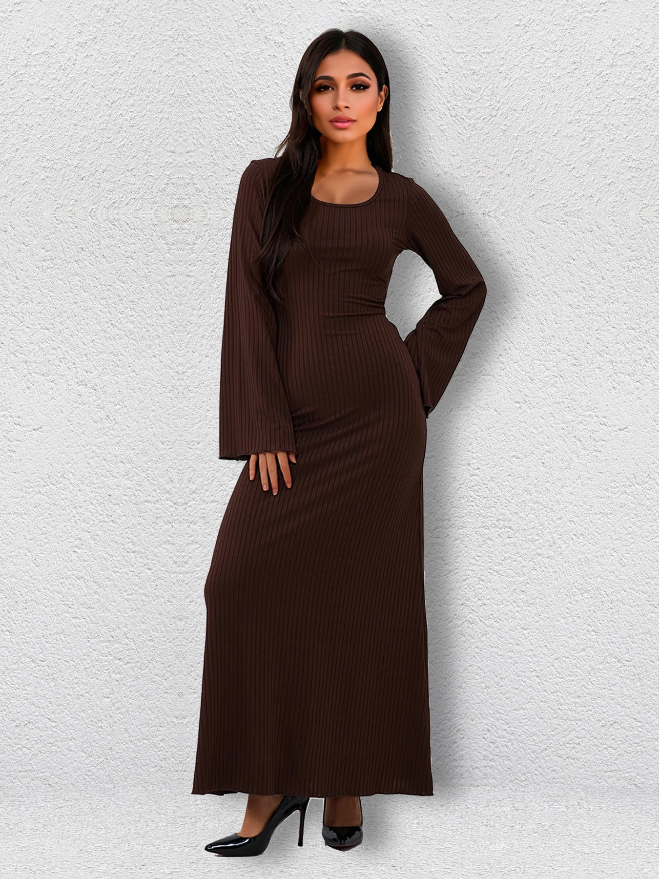 Scoop Neck Vertical Rib Knit Flared Bell Sleeve Column Maxi Dress