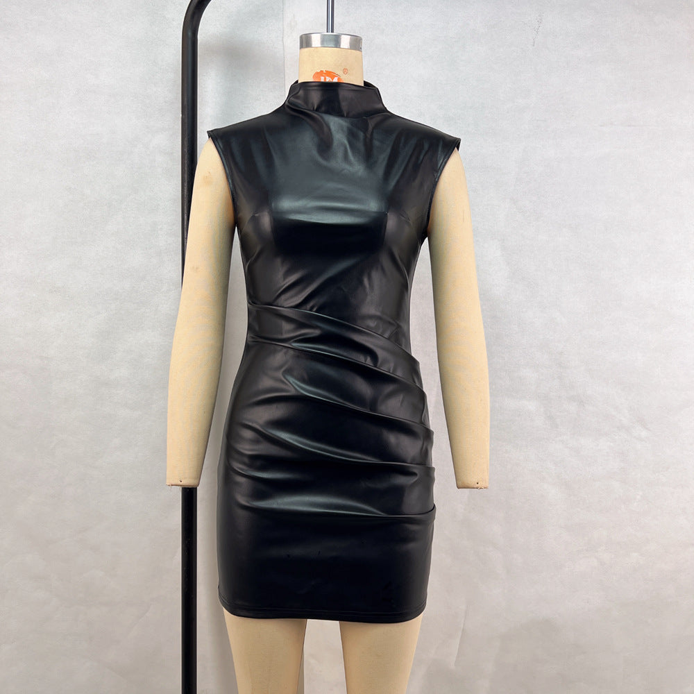 Mock Neck Structured Shoulder Ruched Faux Leather Detached Sleeve Mini Dress