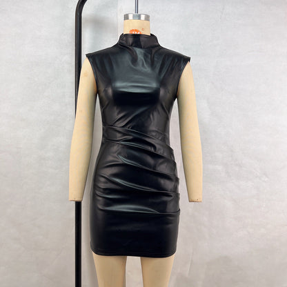 Mock Neck Structured Shoulder Ruched Faux Leather Detached Sleeve Mini Dress