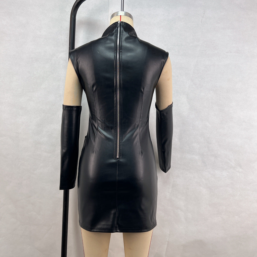 Mock Neck Structured Shoulder Ruched Faux Leather Detached Sleeve Mini Dress