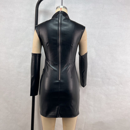 Mock Neck Structured Shoulder Ruched Faux Leather Detached Sleeve Mini Dress