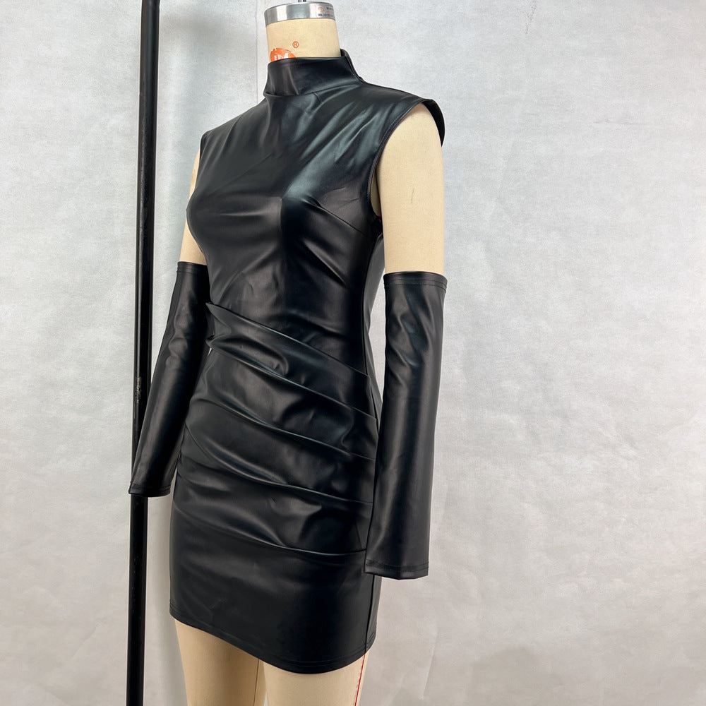 Mock Neck Structured Shoulder Ruched Faux Leather Detached Sleeve Mini Dress