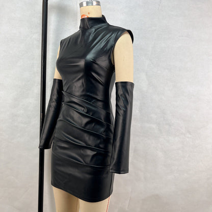 Mock Neck Structured Shoulder Ruched Faux Leather Detached Sleeve Mini Dress