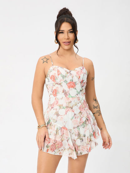 Sweetheart Corset Spaghetti Strap Floral Print Tiered Ruffle Mini Dress