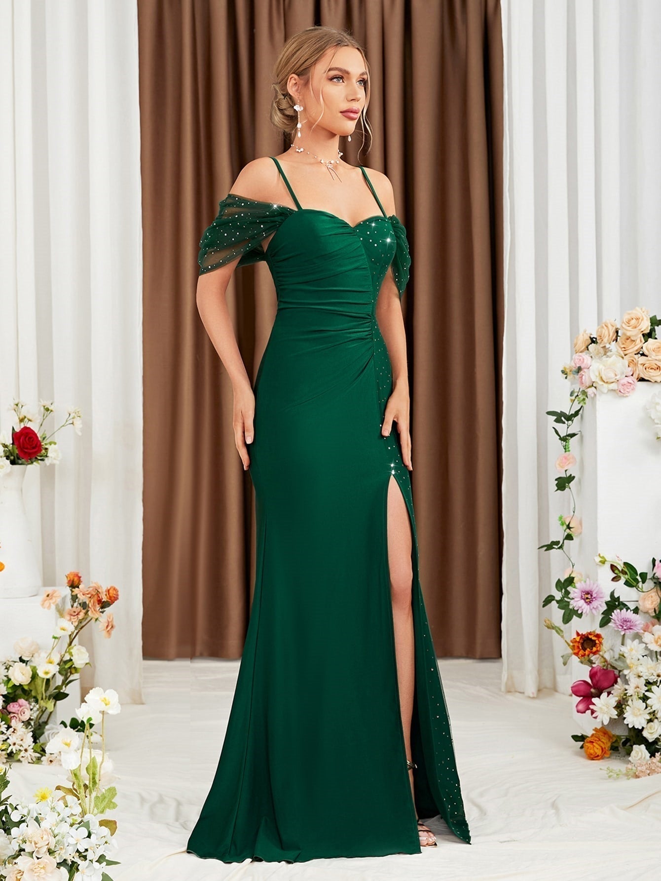 Off-Shoulder Sweetheart Ruched Mesh Insert High Slit Mermaid Gown