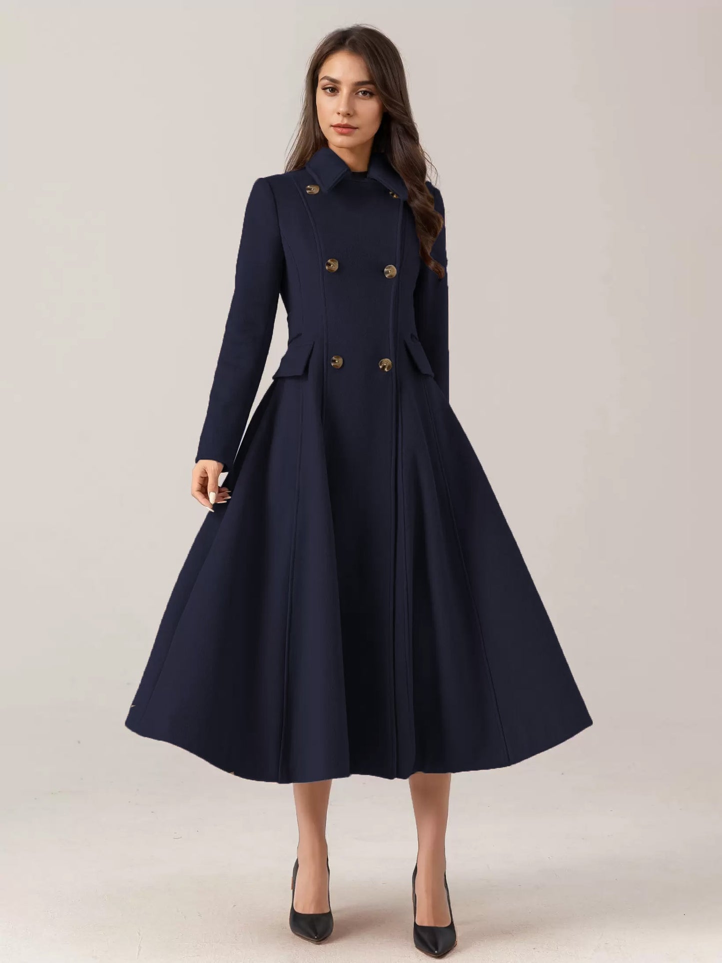 Flared Wool Blend Coat For Woman Red Turndown Collar Double-breasted Elegant 2026 Winter Outerwear