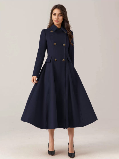 Flared Wool Blend Coat For Woman Red Turndown Collar Double-breasted Elegant 2026 Winter Outerwear