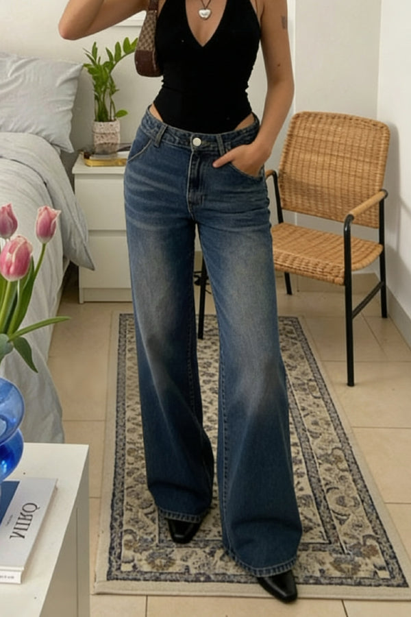 Stylish Pocket Casual Straight Wide Leg Women's Jeans