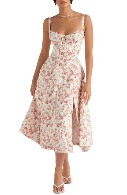 Floral Lace Up Back Spaghetti Strap Corset Fit and Flare Midi Dress