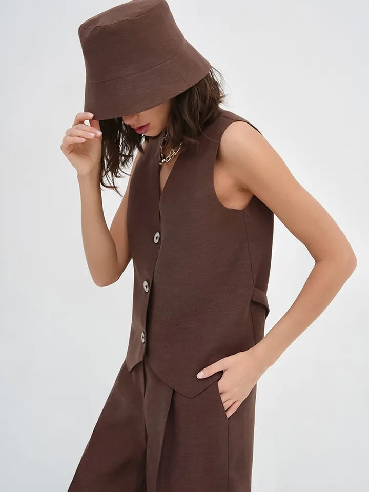 Waist Coat Vest & Wide Leg Pants Coord Set