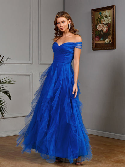 Off Shoulder Sweetheart Ruched Criss Cross Tiered Ruffle Tulle Maxi Gown