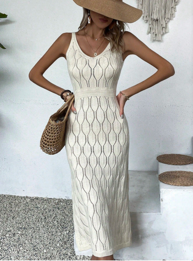 Pointelle Knit Hollow Out V Neck Sleeveless Maxi Dress