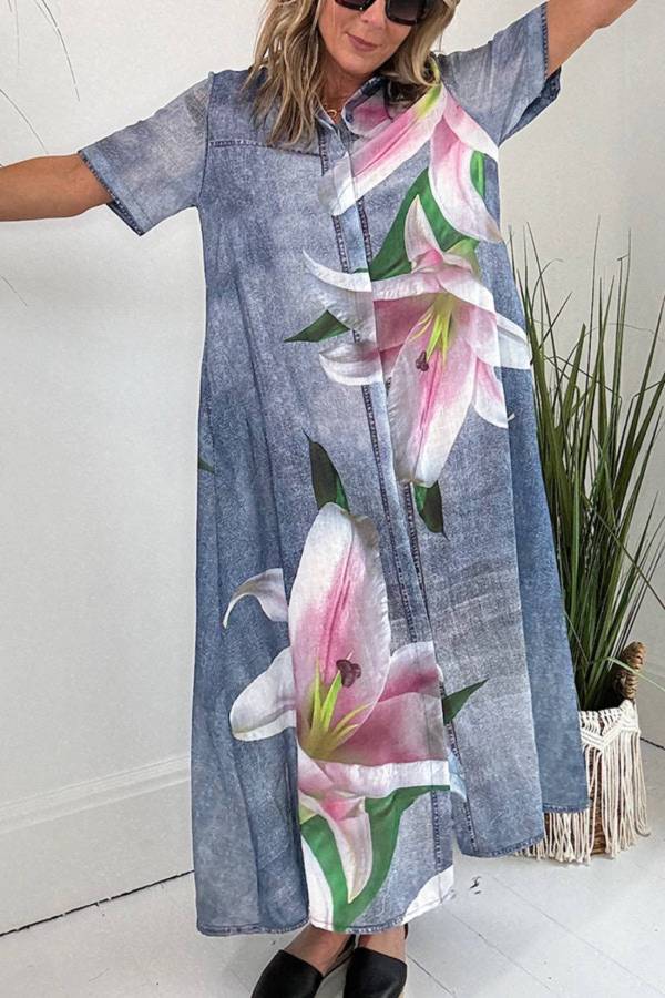 Faux Denim Fabric Orchid Print Pocketed Shirt Maxi Dress