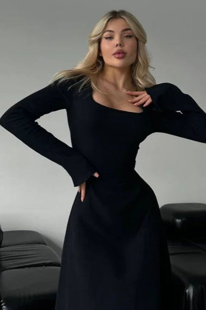 Elegant Fitted Long Sleeve Square Neck A-Line Party Dress