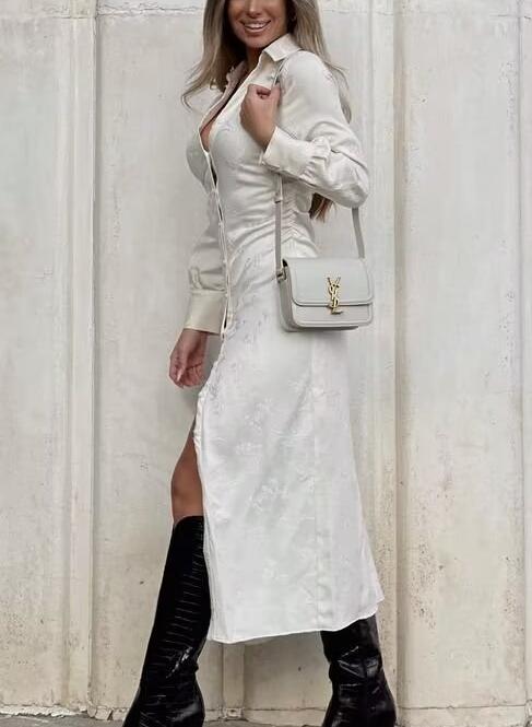 Jacquard Floral Long Sleeve Button Front Shirt Dress with Side Slit