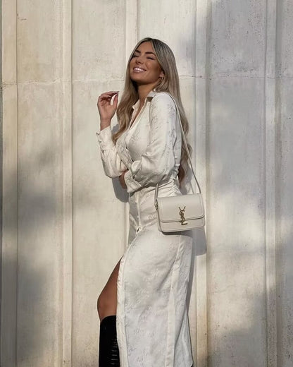 Jacquard Floral Long Sleeve Button Front Shirt Dress with Side Slit