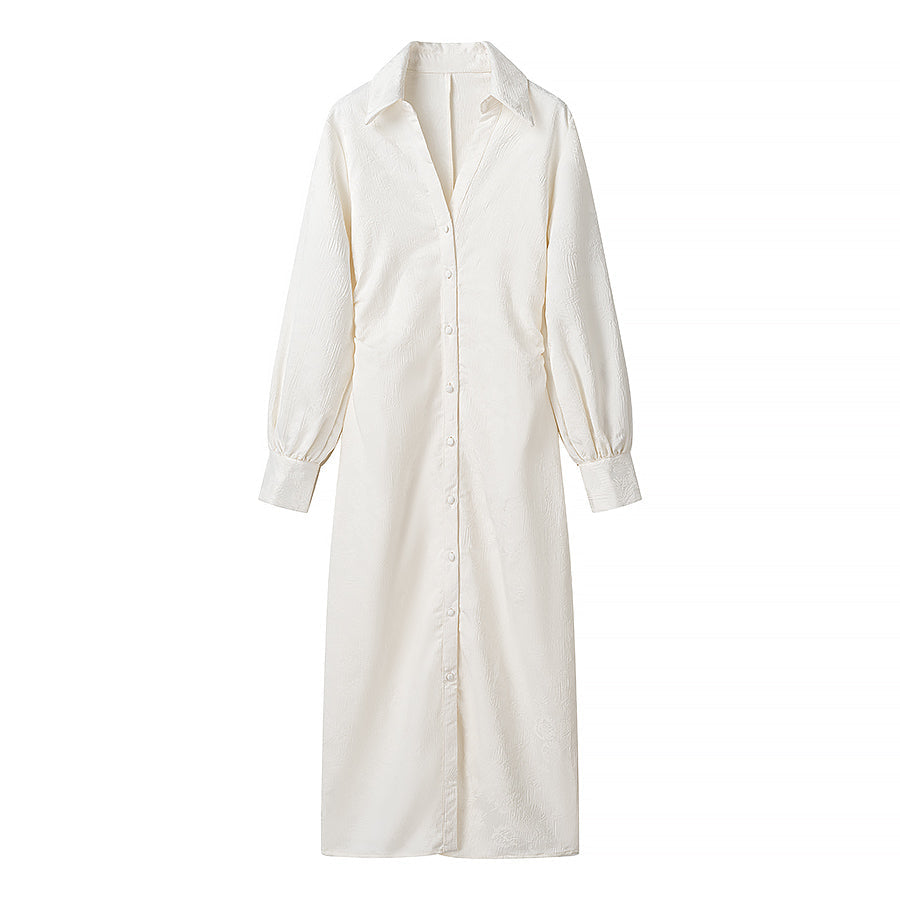 Jacquard Floral Long Sleeve Button Front Shirt Dress with Side Slit
