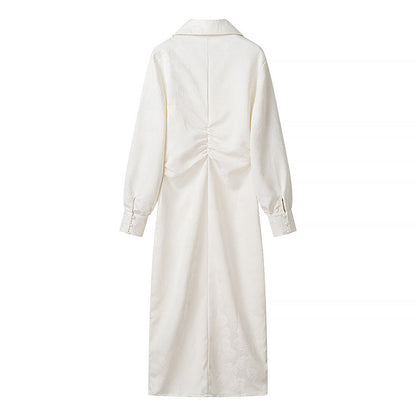 Jacquard Floral Long Sleeve Button Front Shirt Dress with Side Slit