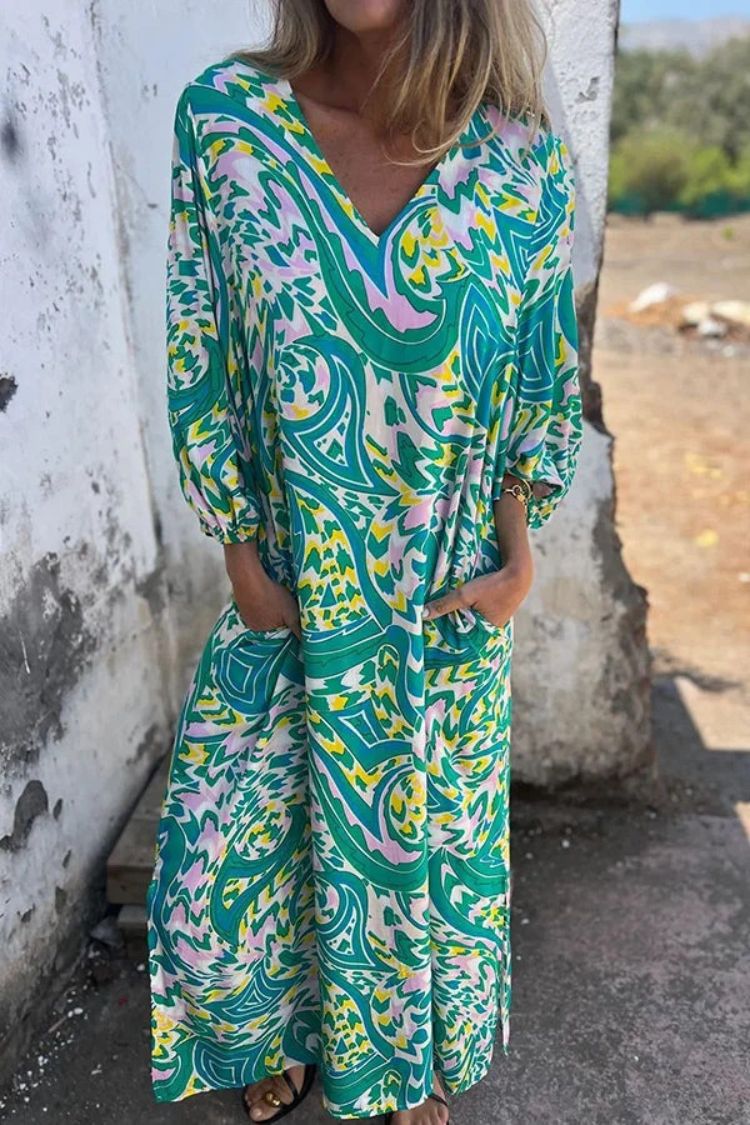 Printed V-neck Pullover Long-sleeved Loose Dress