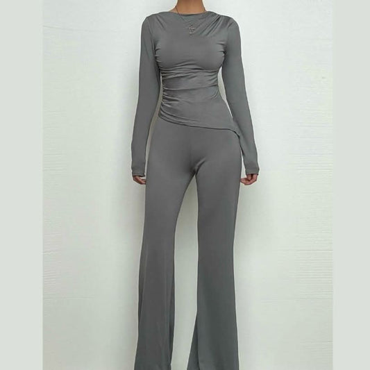 Long sleeve ruched high rise pant set-final-sale